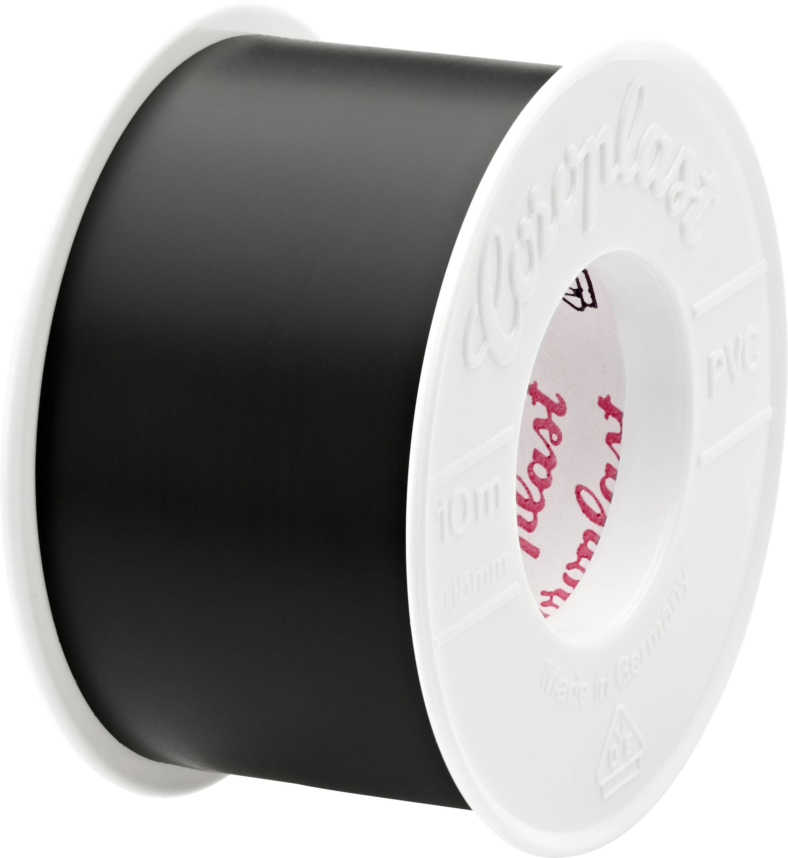 Cievka čiernej elektrickej pásky s bielymi okrajmi a značkami výrobcu, používaná na izoláciu a ochranu elektrických drôtov.