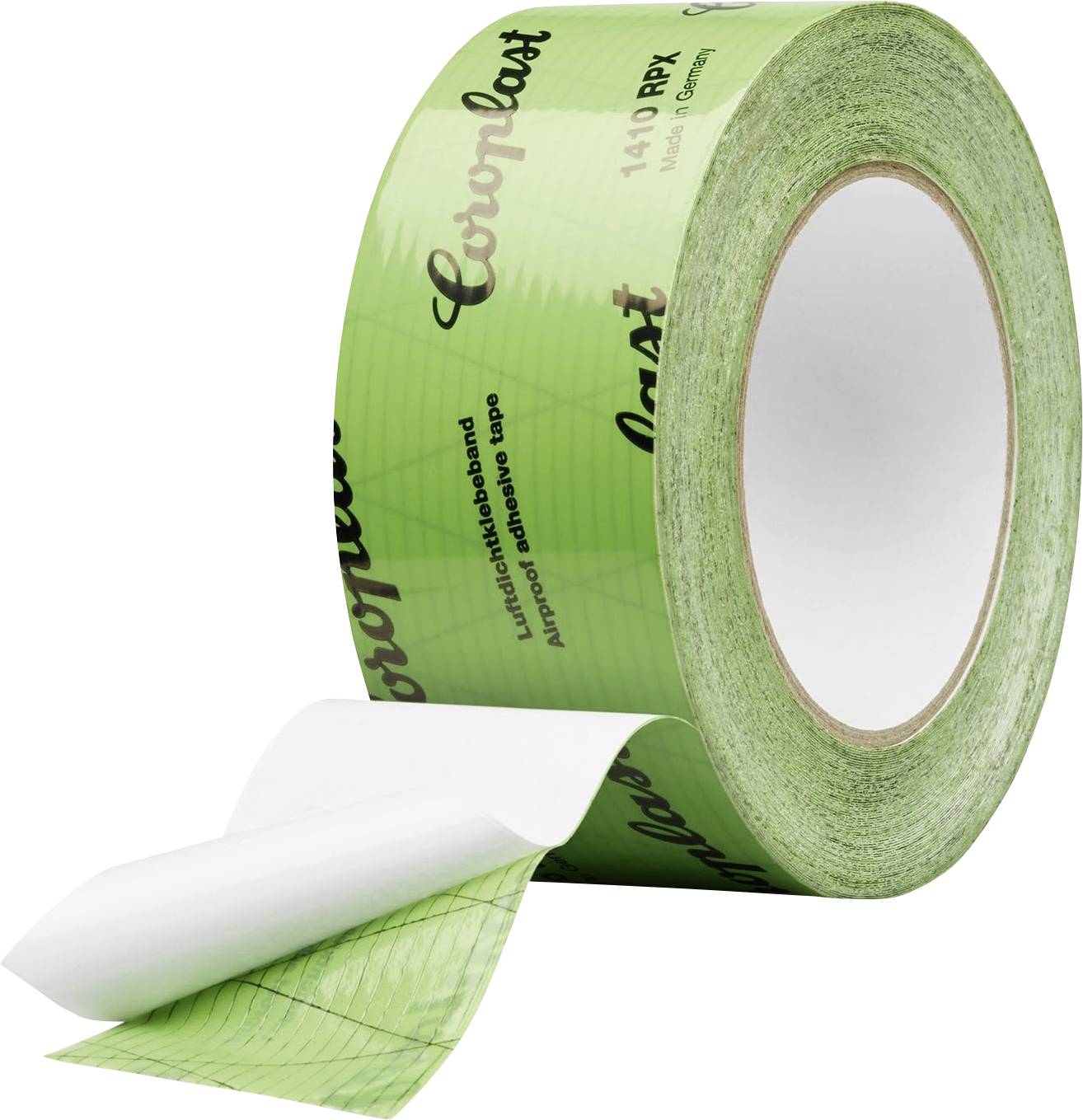 Rolka svetlozelnej lepiace pásky Coroplast s časťou pásky rozvinutou, zobrazujúcou text „Luftdichtklebeband" a „Laminiertes Klebeband".