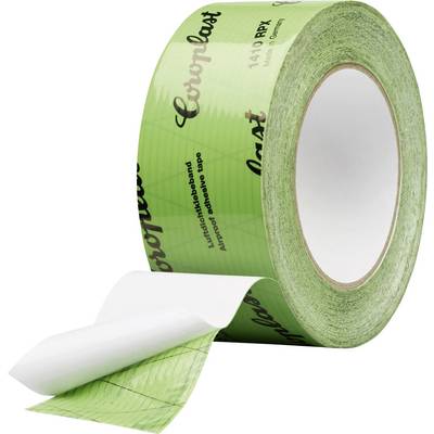 Rolka svetlozelnej lepiace pásky Coroplast s časťou pásky rozvinutou, zobrazujúcou text „Luftdichtklebeband" a „Laminiertes Klebeband".