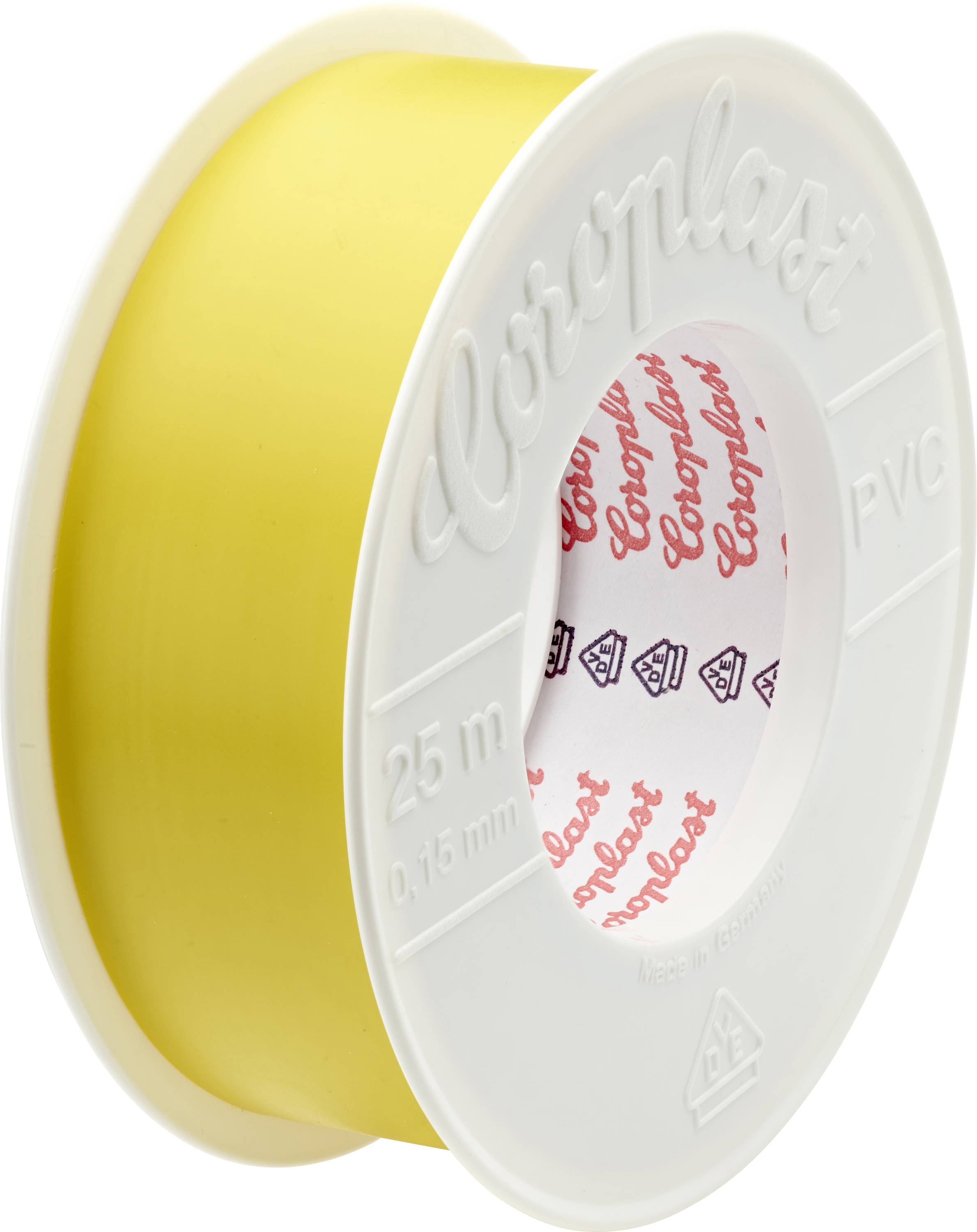 Žltá elektrikárska páska na cievke s označením „Coroplast PVC 25 m 0,15 mm", používaná na izoláciu a ochranu pri elektrických prácach.