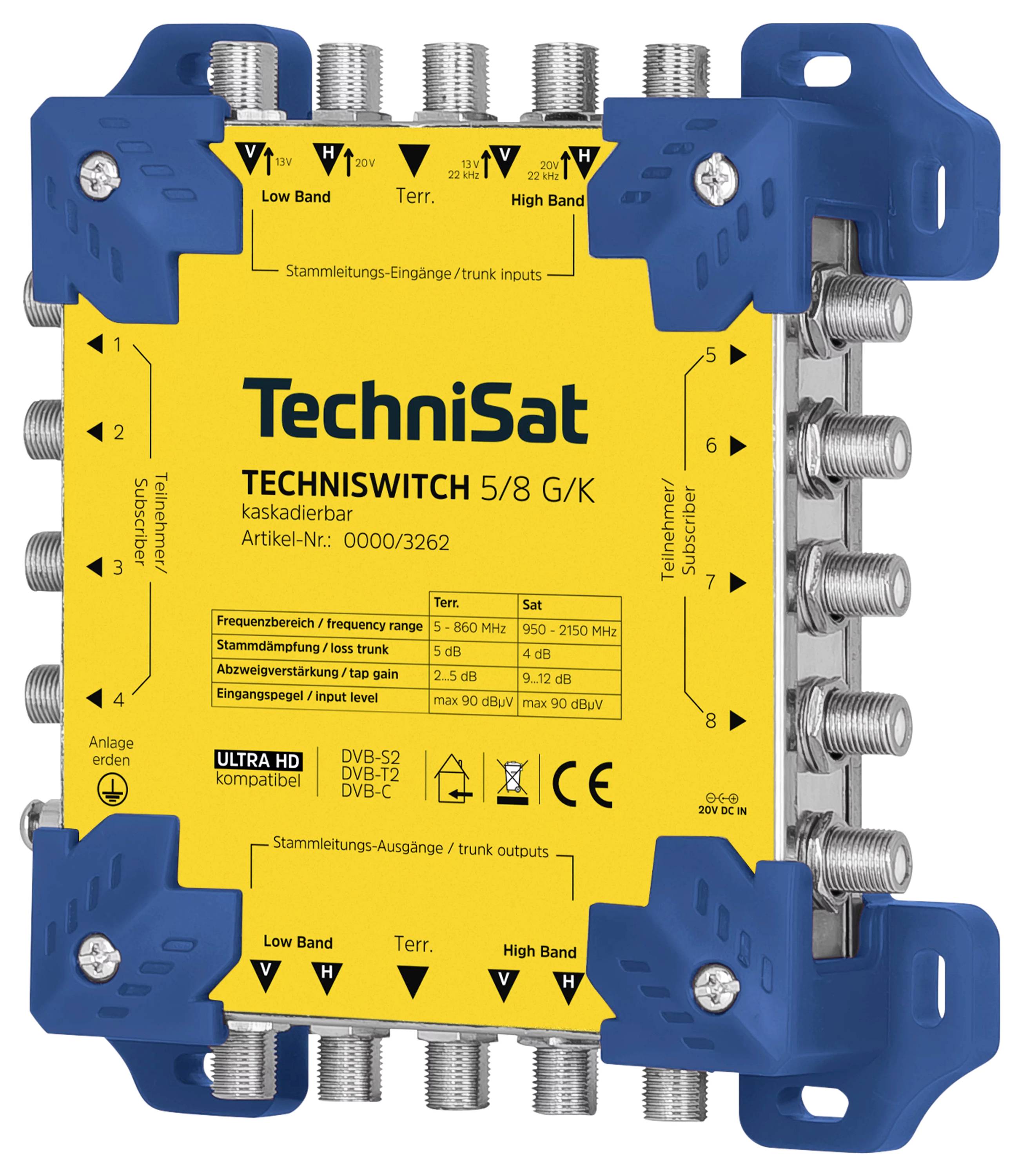 Žltý a modrý Technisat multiswitch používaný na pripojenie satelitných signálov, označený ako "Techniswitch 5/8 G/K", s viacerými vstupnými a výstupnými портami.