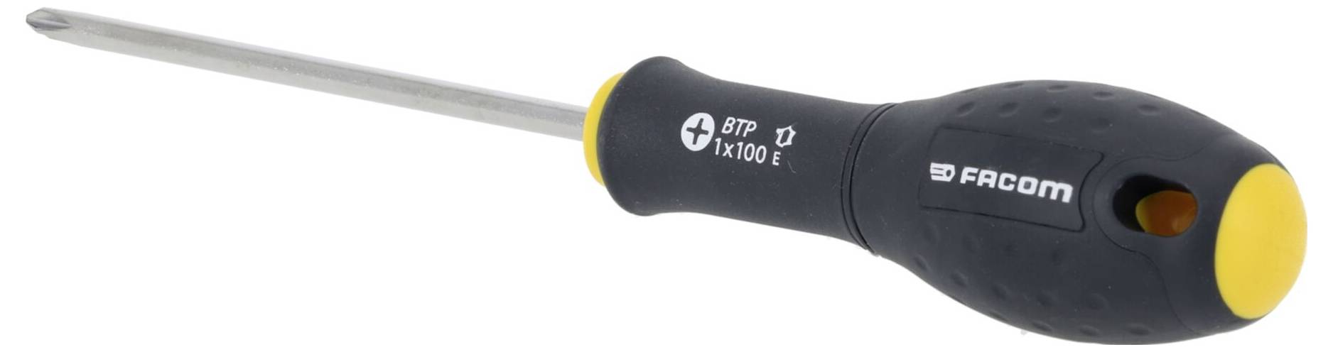 Čierny a žltý skrutkovač s krížovým hrotom Phillips a ergonomickou rukoväťou, navrhnutý pre presnosť a pohodlie pri manuálnych skrutkovacích prácach.