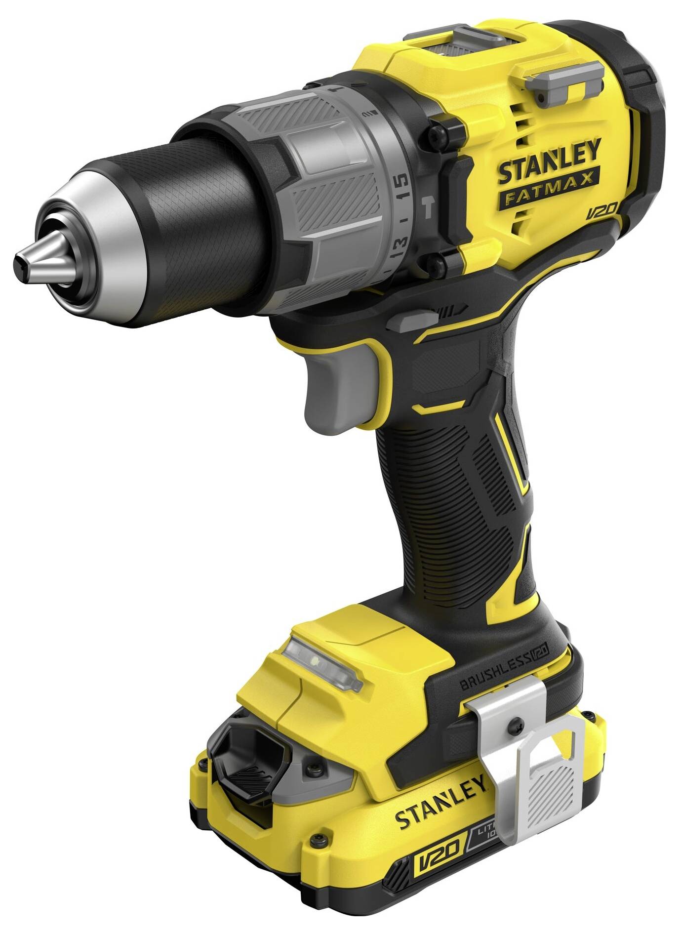 Žltá a čierna vŕtačka so značkou "Stanley Fatmax V20" s rukoväťou a skľučovadlom, ktorá si pochvaľuje svoj bezdrôtový a kompaktný dizajn.