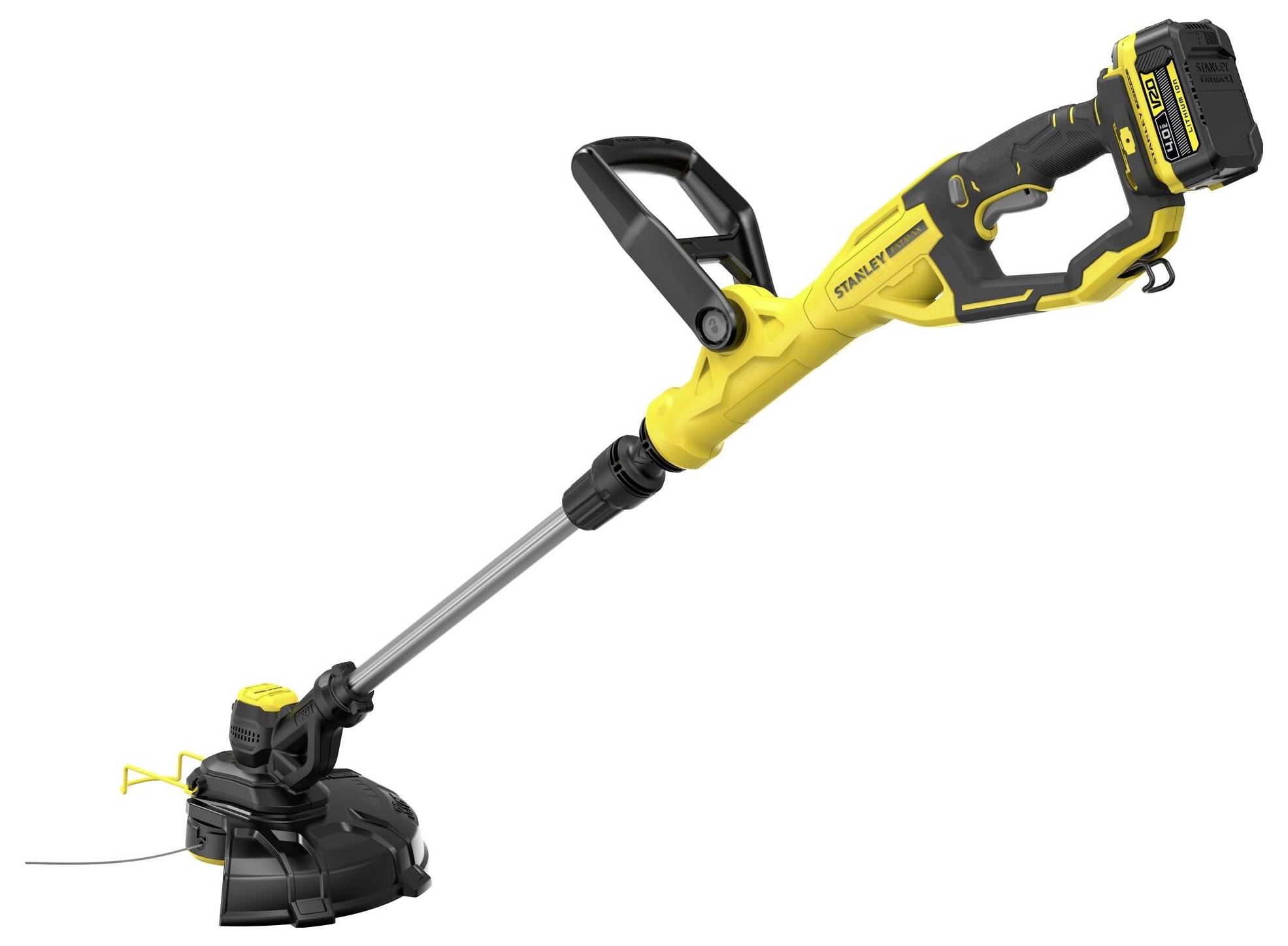 Žlto-čierny bezšnúrový trimmer na trávu s ergonomickou rukoväťou a nastaviteľnou tyčou navrhnutý na údržbu trávnika a záhrady.