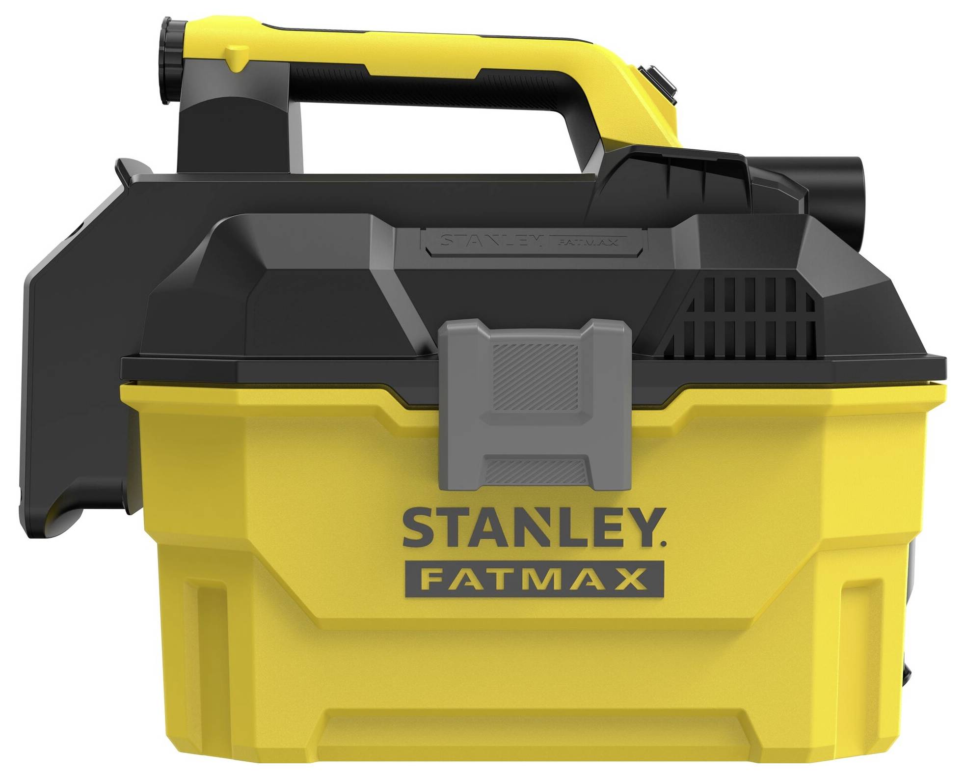 Prenosný mokro/sucho vysávač "STANLEY FATMAX" v žltej a čiernej farbe s rukoväťou, navrhnutý pre jednoduchý transport a skladovanie.