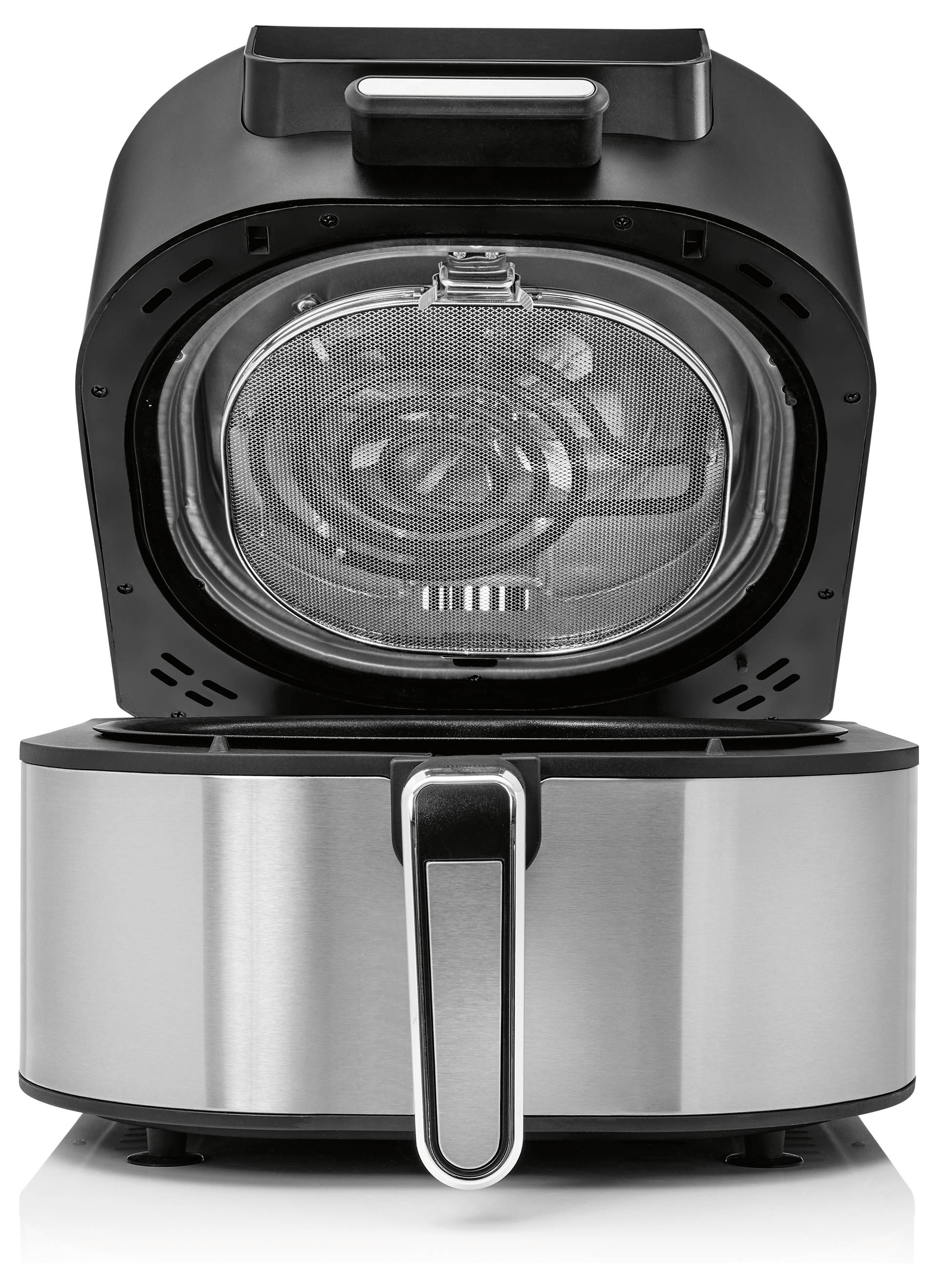 Vzdušný fritér s otevřeným designem, nerezovým vonkajším plášťem a digitálnym displejom na vrchu, ktorý odhaľuje varičný kôš a vnútorné vykurovacie prvky.