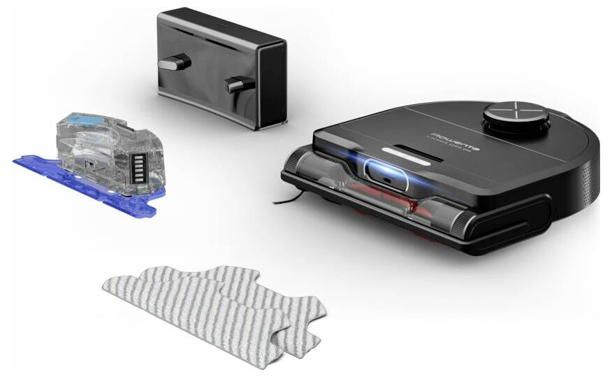 Robotický vysávač s nádobou na prach, nabíjacou stanicou, zásobníkom vody a čistiaceho podložkou na údržbu a automatizáciu podláh.