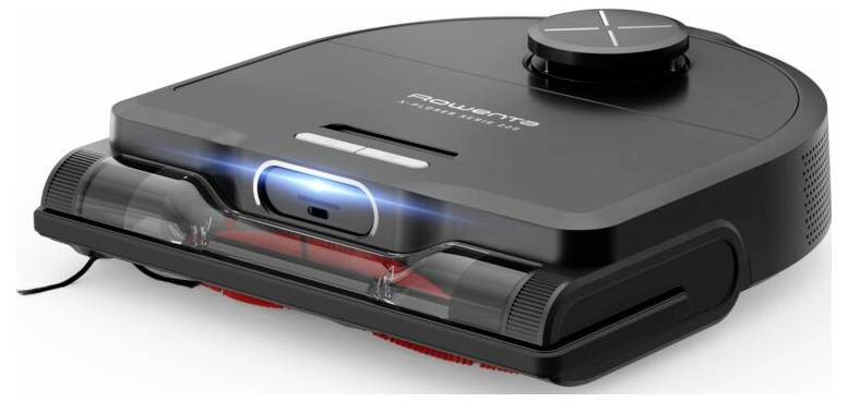Čierny robotický vysávač s elegantnýmdesignom, vybavený laserovou navigáciou a svietiacim modrým senzorom na prednej strane.