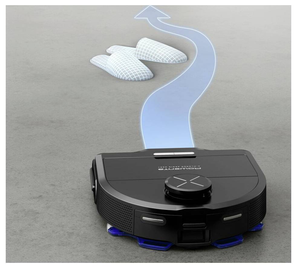 Autonómny robotický vysávač na sivej podlahe, navigujúci okolo virtuálnych prekážok s premietanou modrou cestou.