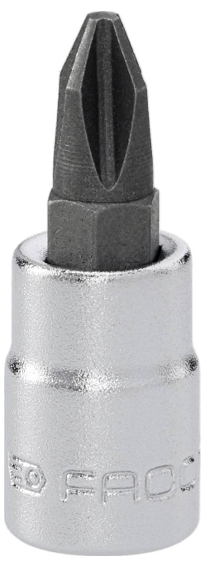 Kovový bit skrutkovača so šesťhrannou základňou a špicatým, krížovým hrotom, navrhnutý pre Phillips skrutky.