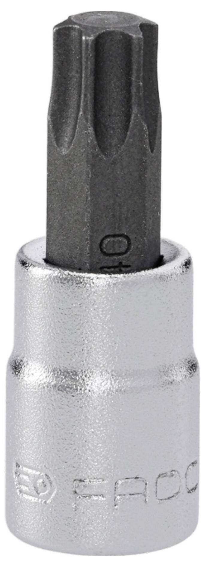 Kovový Torx bit T-40 s príslušenstvom na zásuvku, používaný na pohon skrutiek s hviezdičkovým vdlbením, zobrazený vzpriamene.