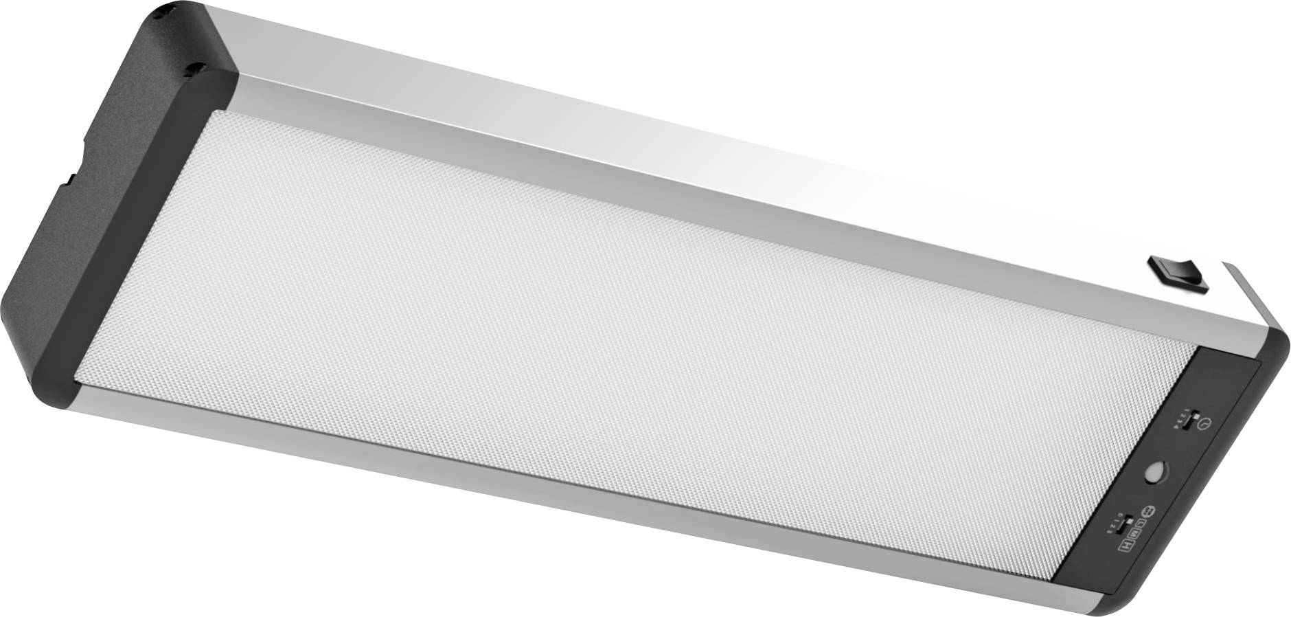 Obdĺžnikový LED panel s čiernym rámom, tlačidlom napájania a konektormi na boku, určený na stropné alebo nástenné osvetlenie.