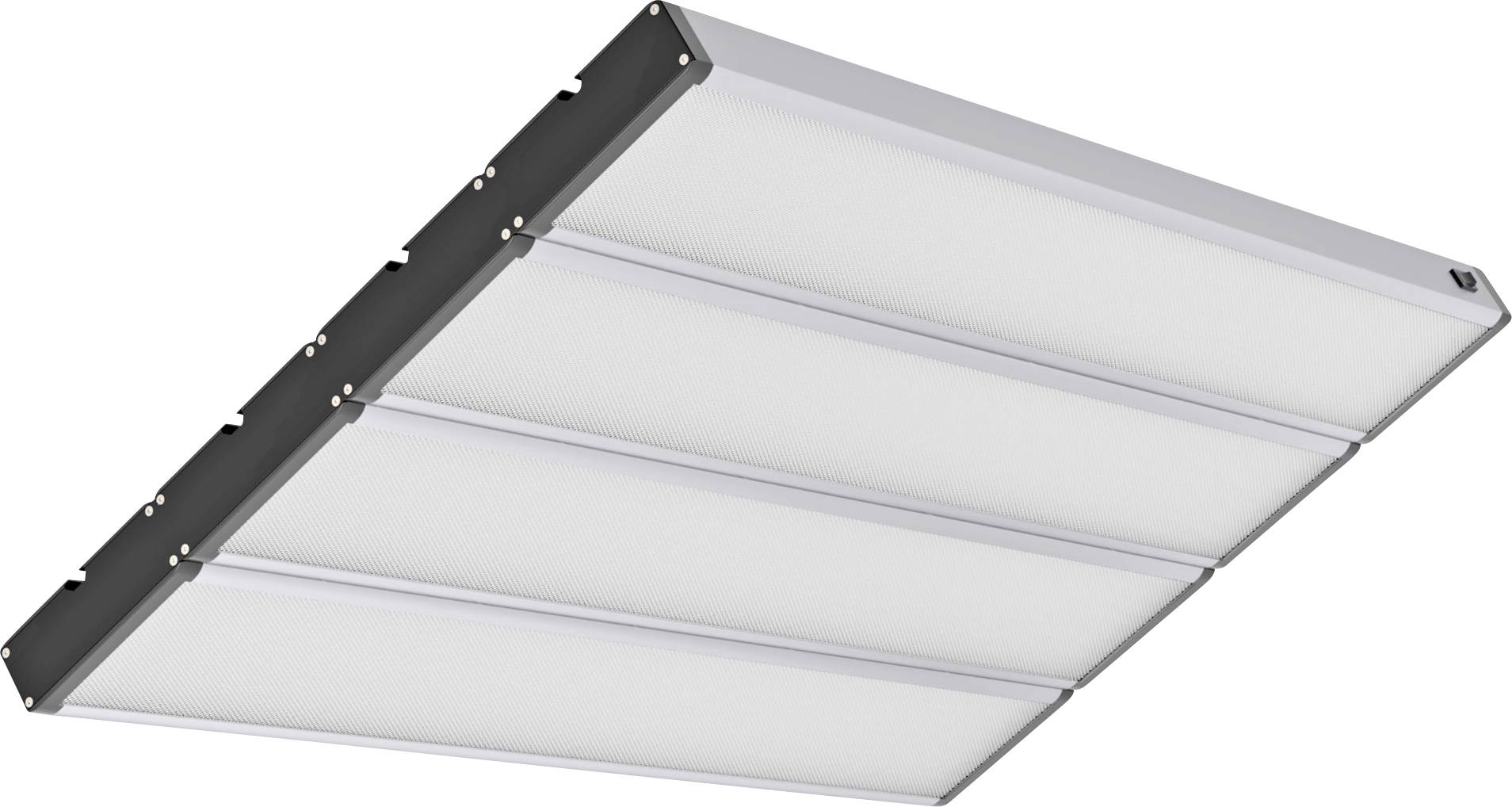 Stropne montovaný LED panel svetlo so štíhlym, obdĺžnikovým dizajnom a štyrmi difúznymi svetelnými pásmi.