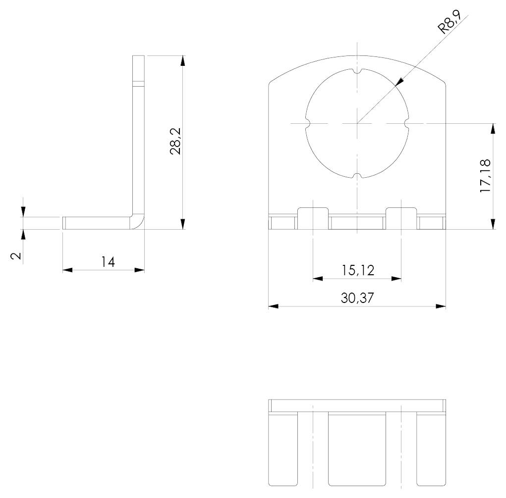 Technická schéma kovového držiaka s bočným, čelným a horným pohľadom s rozmermi: 28,2 mm výška, 14 mm šírka, 30,37 mm hĺbka.
