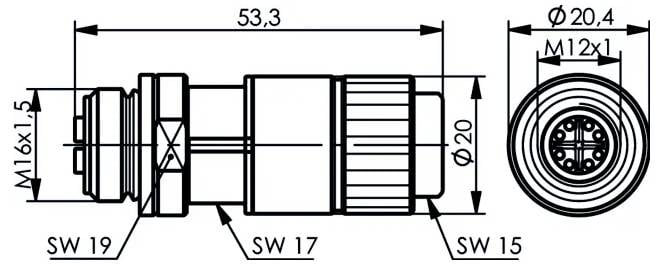 Technický výkres valcového závitového konektora s označenými rozmermi M16x1,5, M12x1, Ø20,4, Ø20 a veľkosťami kľúčov SW 19, SW 17, SW 15.
