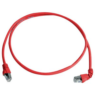 Červený ethernetový kábel s dvoma konektormi RJ45 na bielom pozadí.