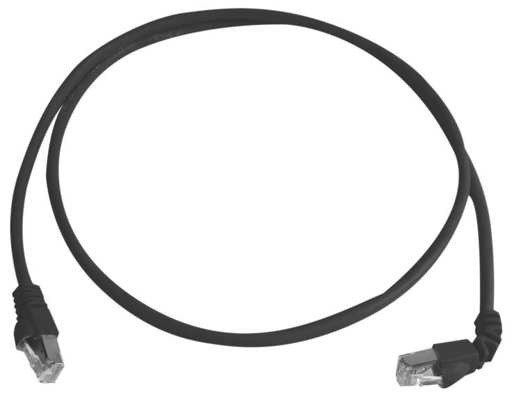 Čierny ethernetový kábel s konektormi RJ45 na oboch koncoch, navinutý na bielom pozadí.