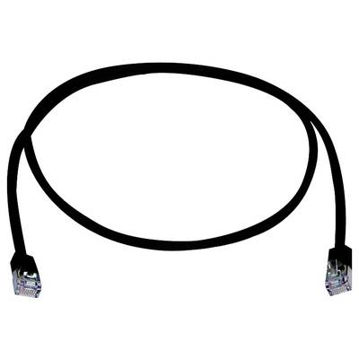Krátky čierny sieťový kábel s konektormi RJ45 na oboch koncoch, zakrivený do tvaru U.
