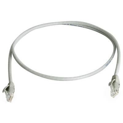 Sivý ethernetový kábel zavinutý s dvoma RJ45 konektormi na bielom pozadí.