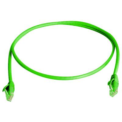 Zelený ethernetový opravný kábel s konektormi RJ45 na oboch koncoch, zvinutý v slučke na bielom pozadí.
