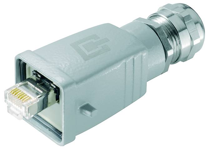 Ethernet kábel adaptér konektora s RJ45 portom na jednom konci a kovový koaxiálny konektor na druhom konci, zobrazený na bielom pozadí.