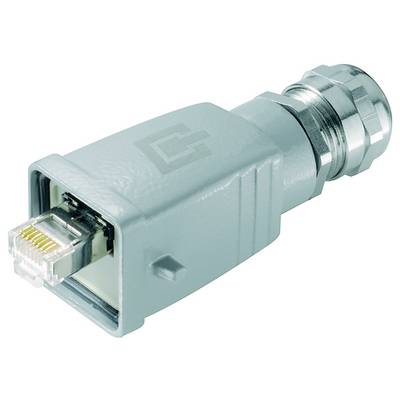 Ethernet kábel adaptér konektora s RJ45 portom na jednom konci a kovový koaxiálny konektor na druhom konci, zobrazený na bielom pozadí.