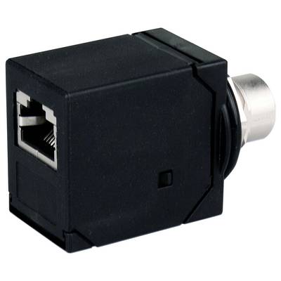 Čierny adaptér sieťovej zásuvky Ethernet s kovovým konektorom na jednom konci, zobrazený izolovaný na bielom pozadí.