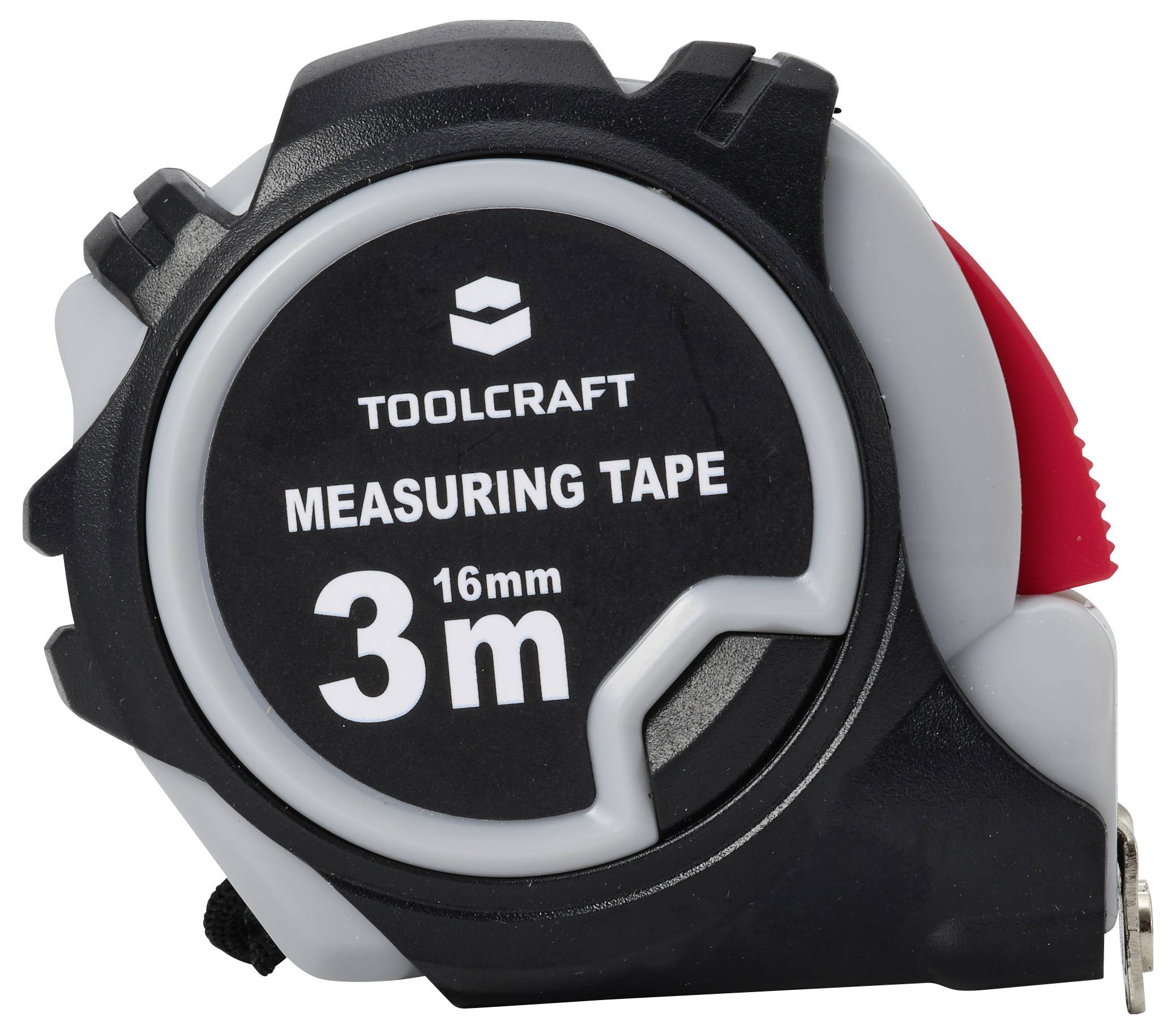 Meracia páska Toolcraft 3 m s čepeľou 16 mm v čiernom, sivom a červenom púzdre.
