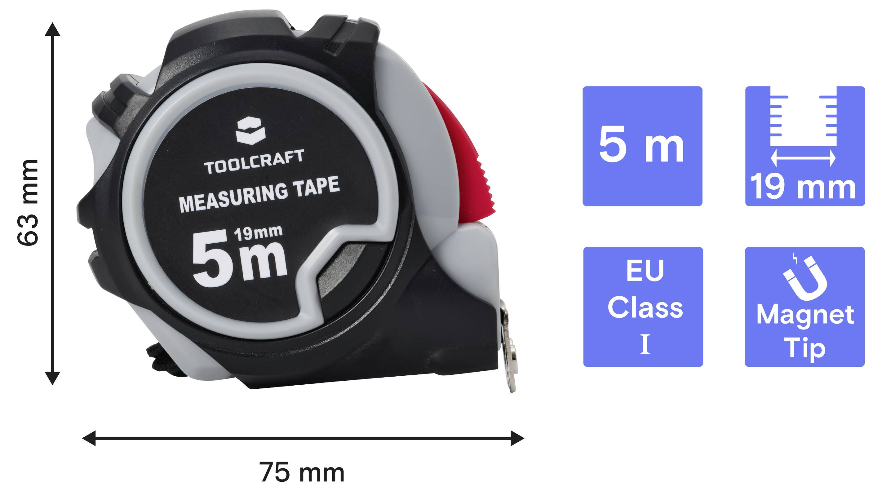 Meracie pásmo Toolcraft, dĺžka 5 m a šírka 19 mm, zobrazené s rozmermi 75 mm na šírku a 63 mm na výšku, plus ikony triedy EU I a magnetického hrotu.