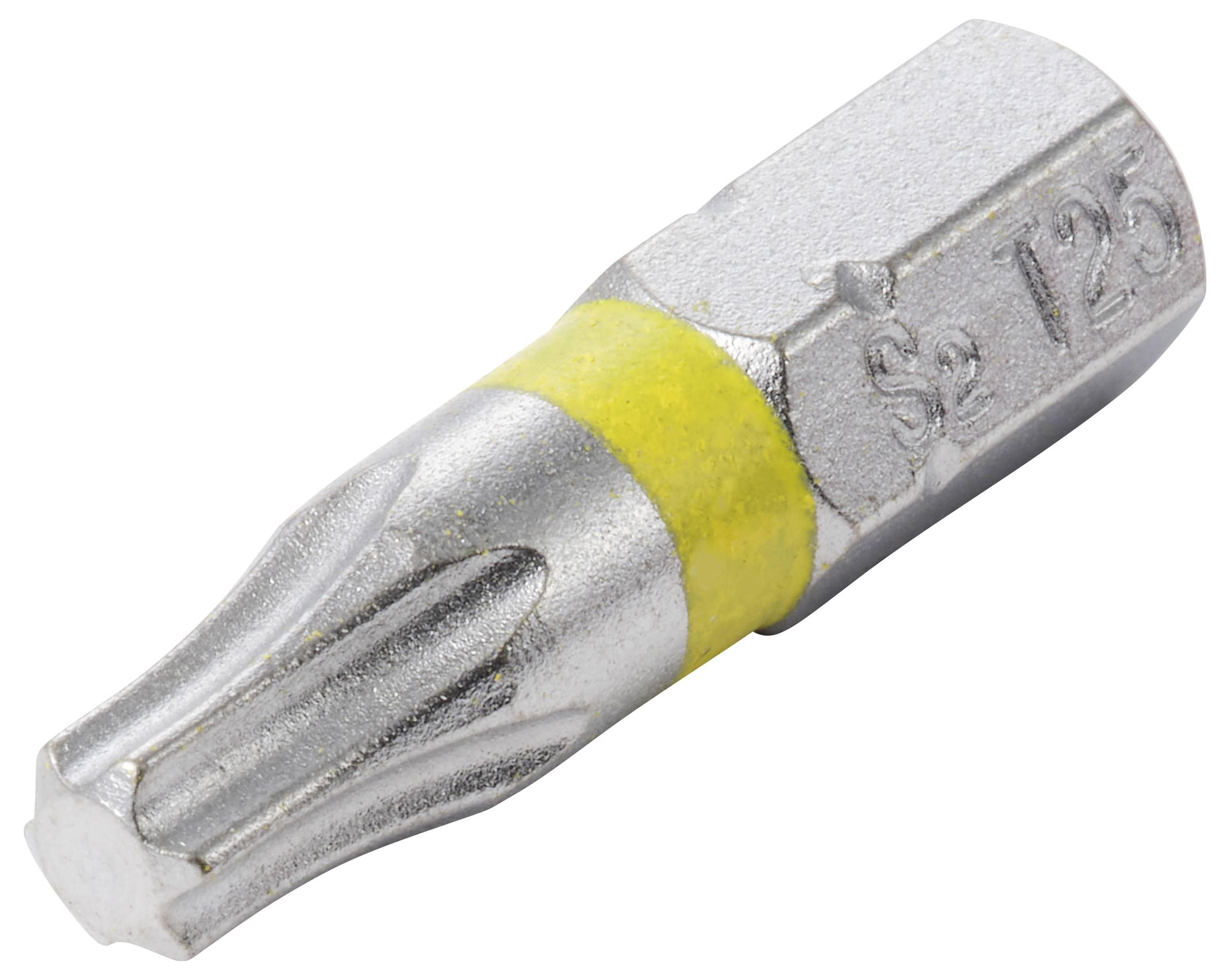 Detailný záber na kovový bit Torx skrutkovača s žltým páskom, zobrazený na bielom pozadí.