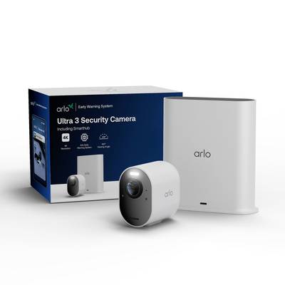 Bezpečnostný kamerový set Arlo Ultra 3 so základňou a originálnym obalom na bielom pozadí.