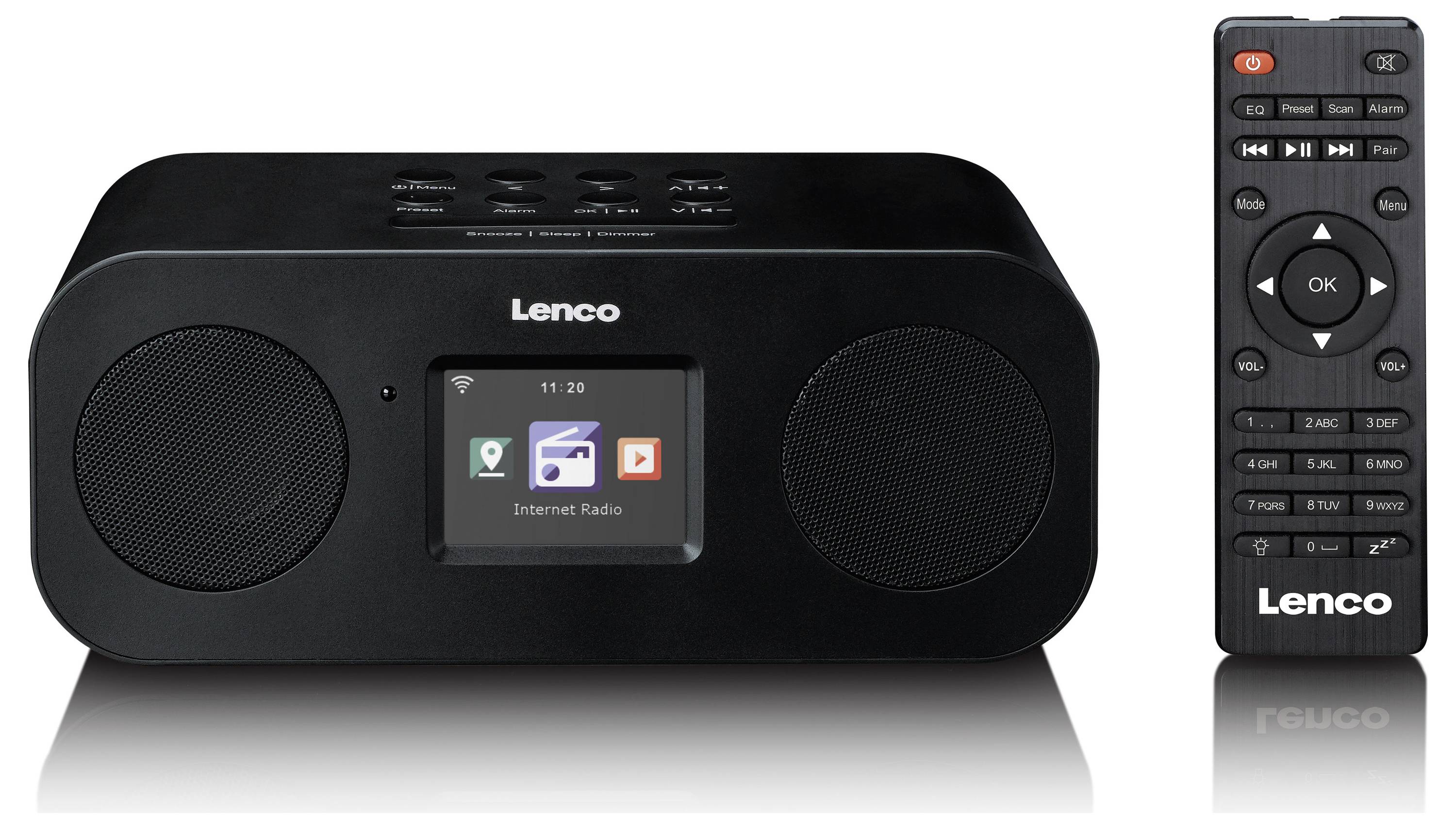 Čierny digitálny rádio Lenco s reproduktormi na oboch stranách, centrálnym displejom zobrazujúcim „Internet Radio" a diaľkovým ovládačom vedľa neho.