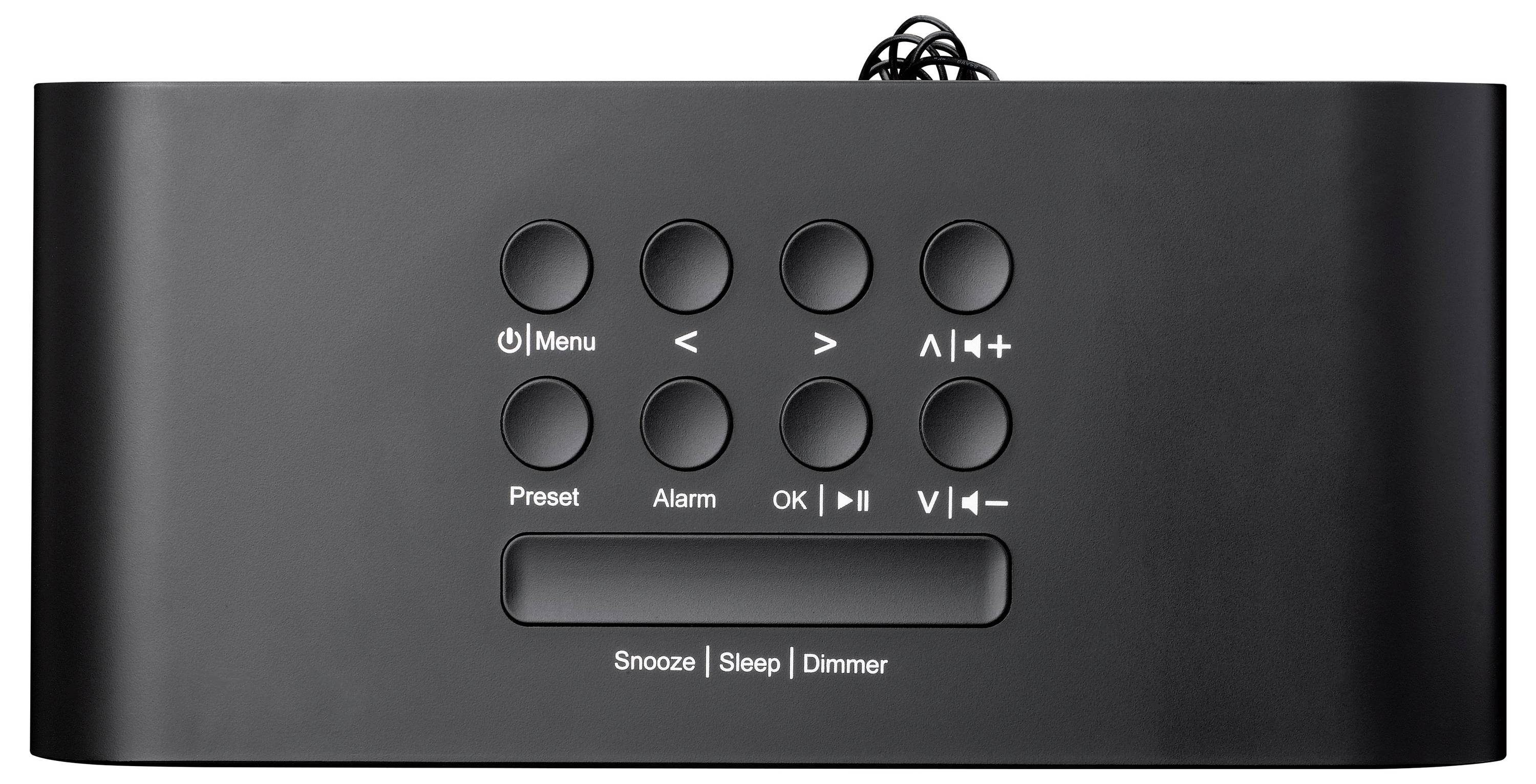 Čierny elektronický prístroj s tlačidlami označenými: "Menu", smerové šípky, "|◄◄", "►", "►|", "+", "-". Nižšie sú "Snooze", "Sleep", "Dimmer".