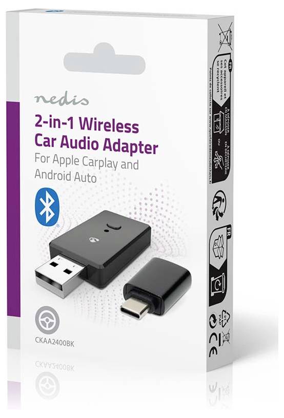 Balenie '2-v-1 bezdrôtového autoaudio adaptéra' pre Apple CarPlay a Android Auto od spoločnosti Nedis, zobrazujúce USB a USB-C konektory.