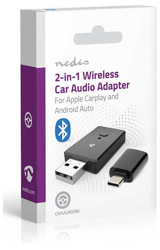 Bezdrôtový adaptér do auta - Balenie obsahujúce adaptér USB a Type-C, kompatibilný s Apple CarPlay a Android Auto. Značka: Nedis.