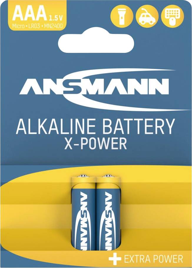Balíček alkalických batérií ANSMANN AAA 1,5V, zobrazený s dvoma batériami a značkou „EXTRA POWER".