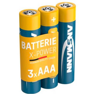 Tri AAA batérie s označením "Batterie X-Power" a "3x AAA", znázornené v modrom a žltom balení.