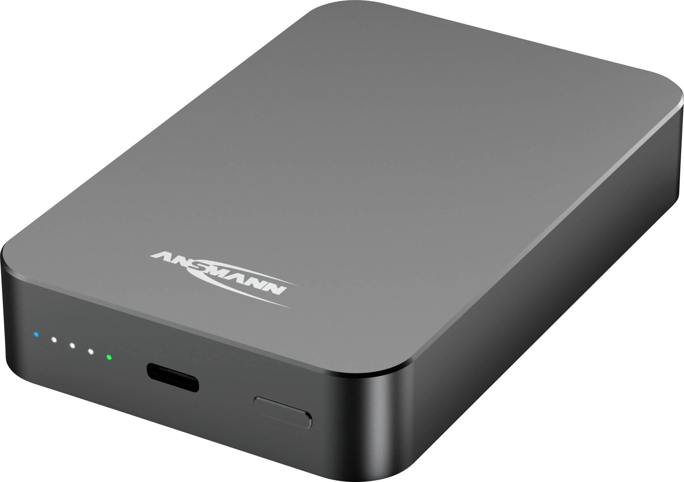 Čiery externý pevný disk so zaoblenými rohmi, predné stavové svetlá a port USB-C na bielom pozadí.