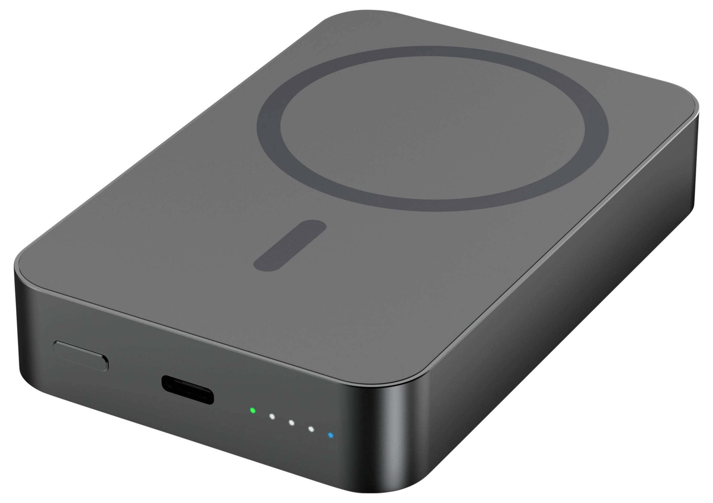 Čierny bezdrôtový nabíjací podstavec/powerbank s kruhovým nabíjacím poľom na vrchu, predný USB-C a indikačné svetlá.