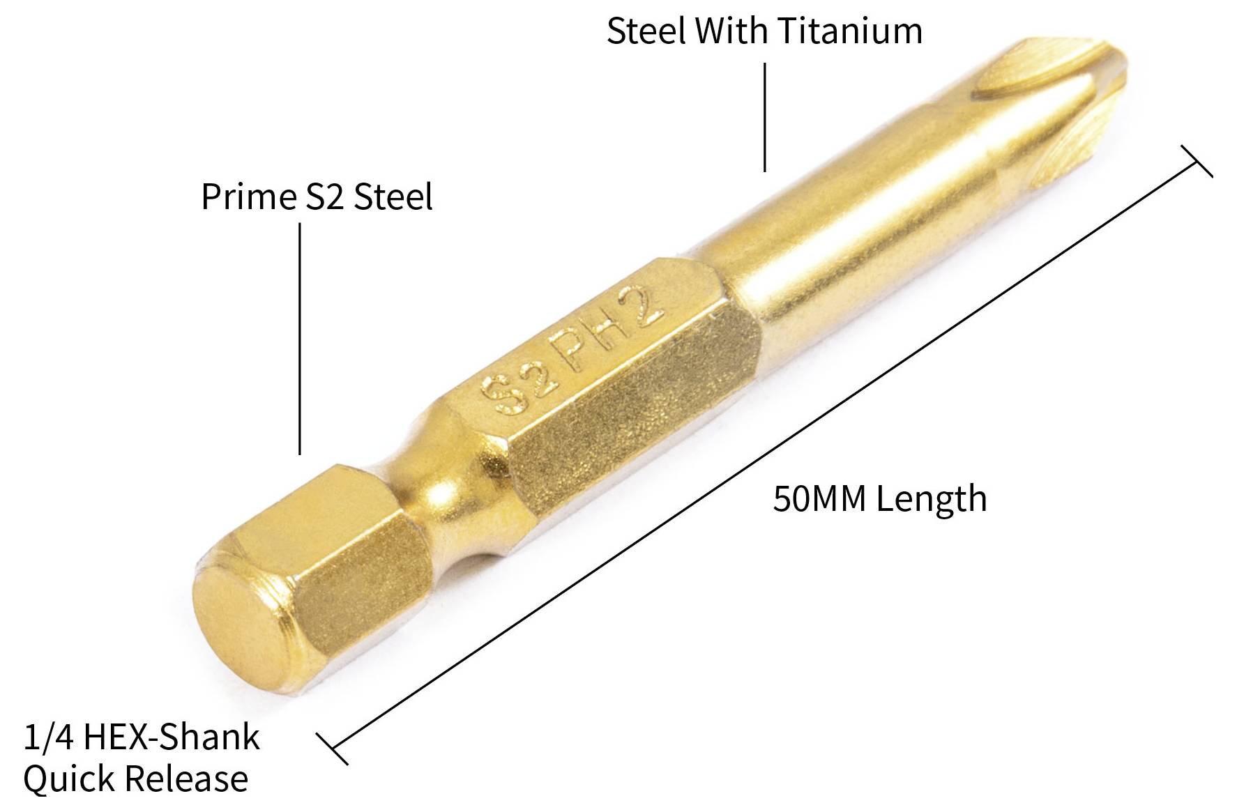 Anotovaný obrázok zlatého 50mm skrutkovacieho nástrojčeku značky Prime S2 Steel, oceľ s titánom a 1/4 HEX-Shank rýchlym uvoľnením.