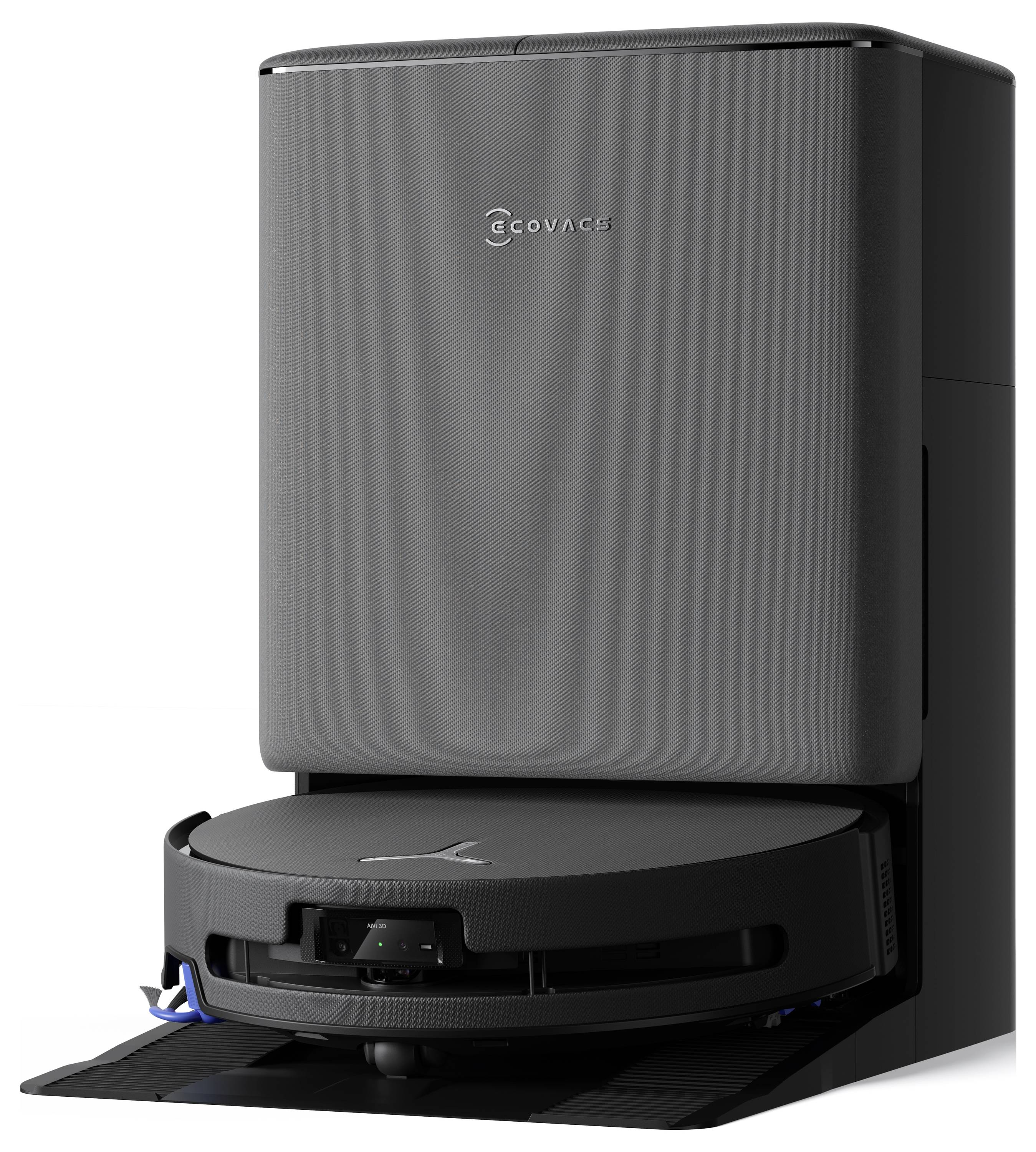 Robot s vlastnosťou „Ecovacs" umiestnený v dokovacej stanici na nabíjanie. Vysávač sa vyznačuje elegantným dizajnom, ktorý naznačuje pokročilú technológiu a pohodlie.