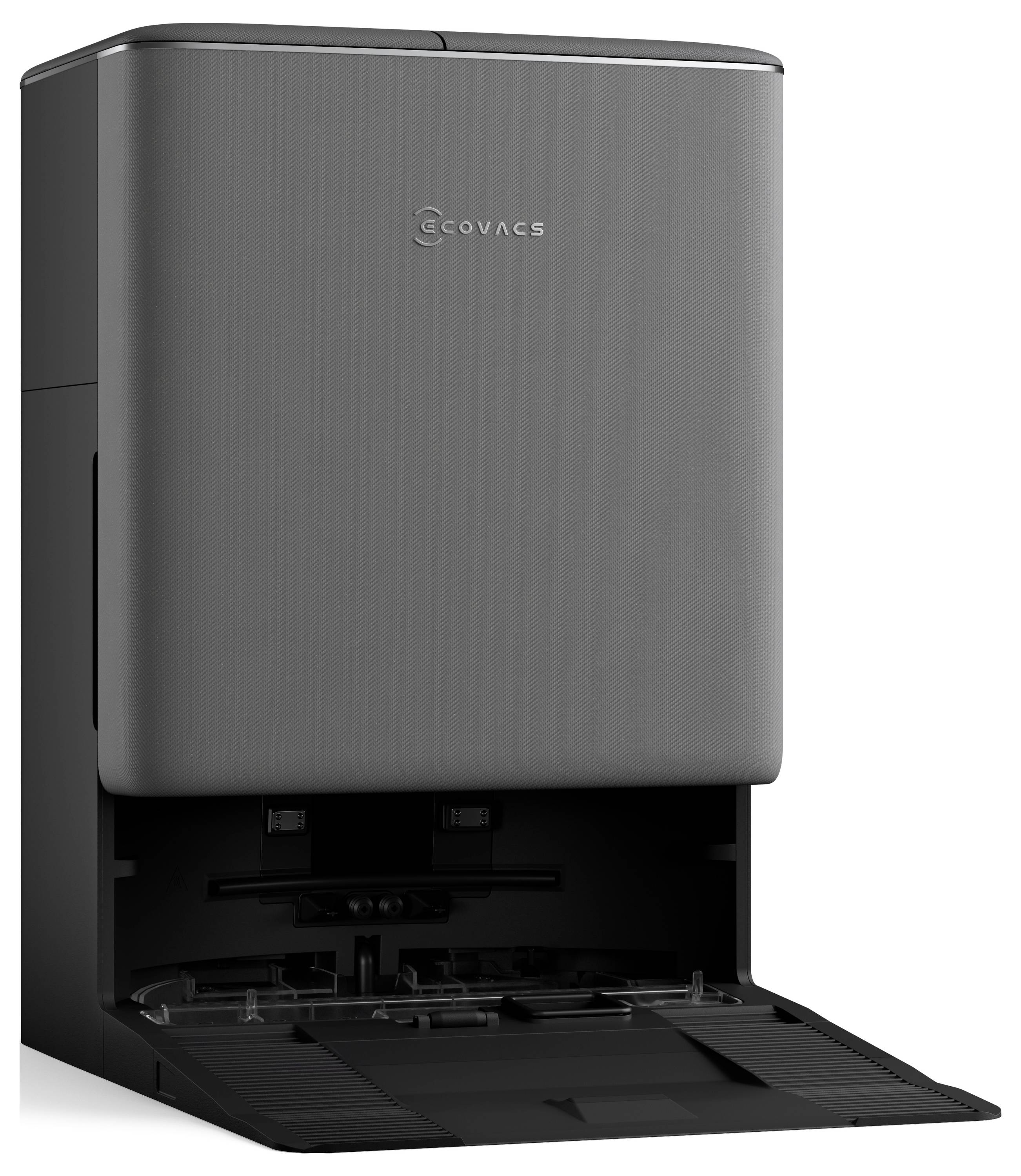 Čierna stanica na čistenie robota značky "Ecovacs" na prednej strane s otvoreným krytom v spodnej časti na skladovanie robota.