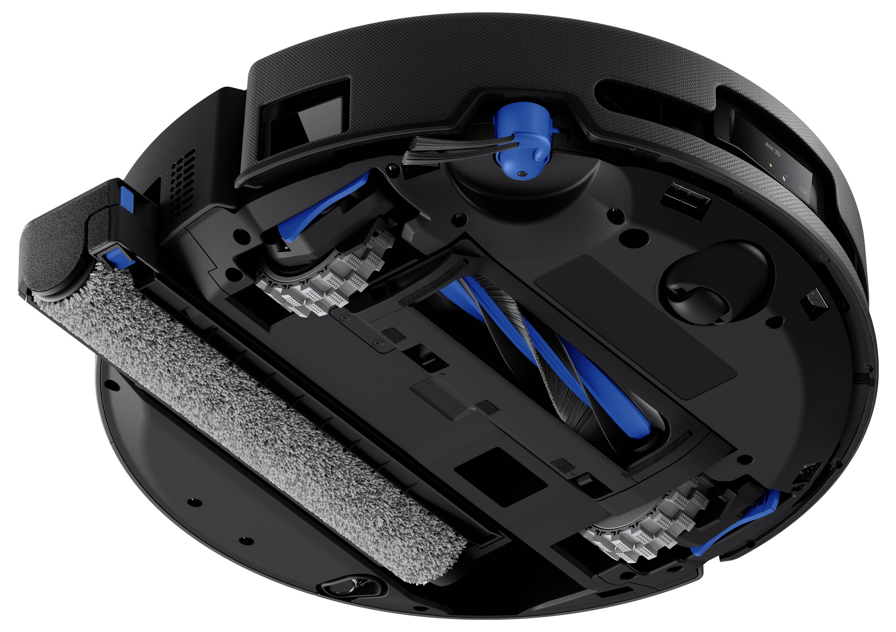 Spodný pohľad na robotický vysávač s viditeľnými kefami a senzormi, ktorý zvýrazňuje jeho čistiaci mechanizmus a technológiu.