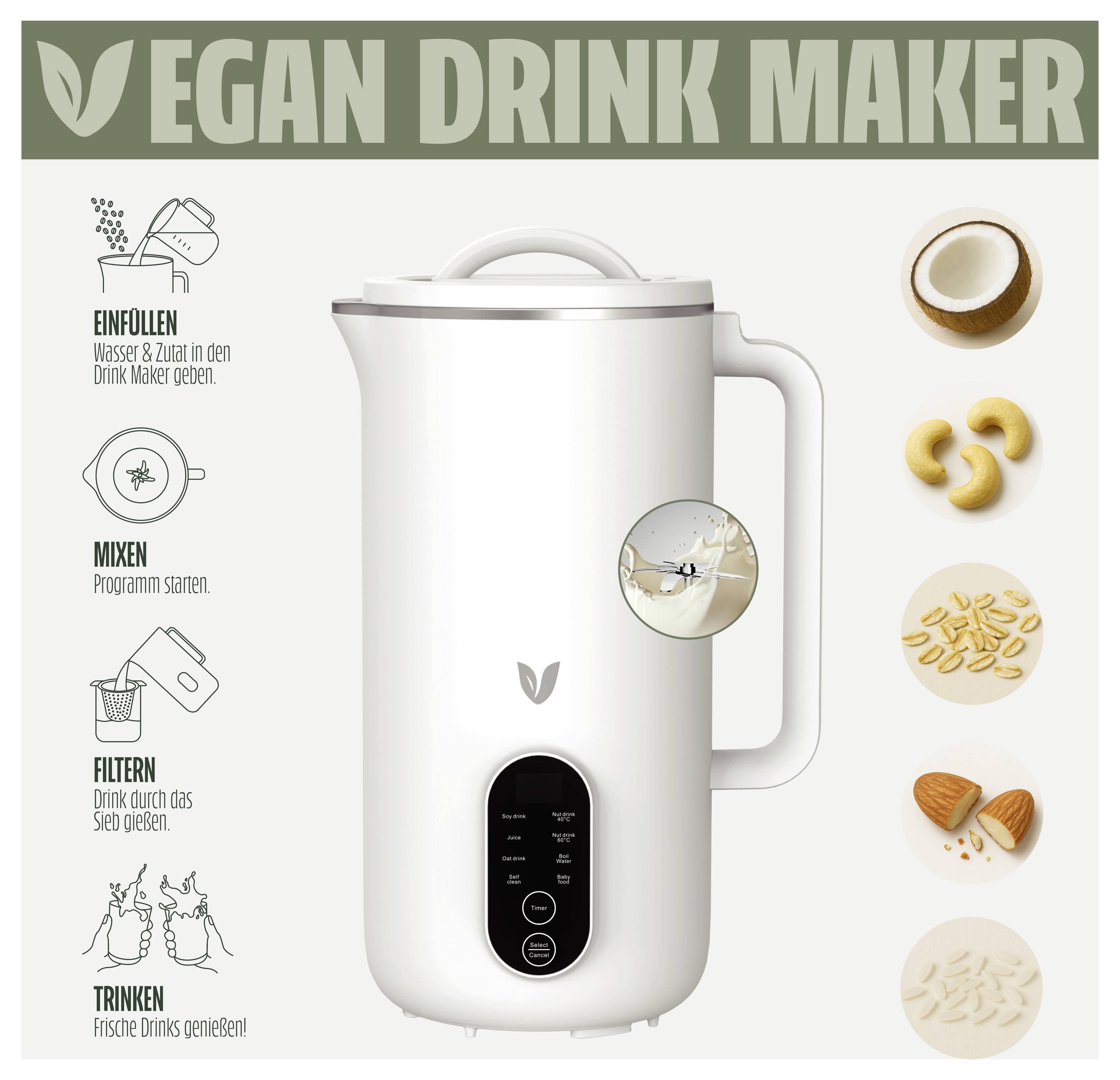 Vegánsky výrobca nápoja - infografika s návodom na prípravy: kroky na plnenie, miešanie, filtráciu a konzumáciu. Ingrediencie vrátane kešu orechov, ovsených vločiek a mandlí.