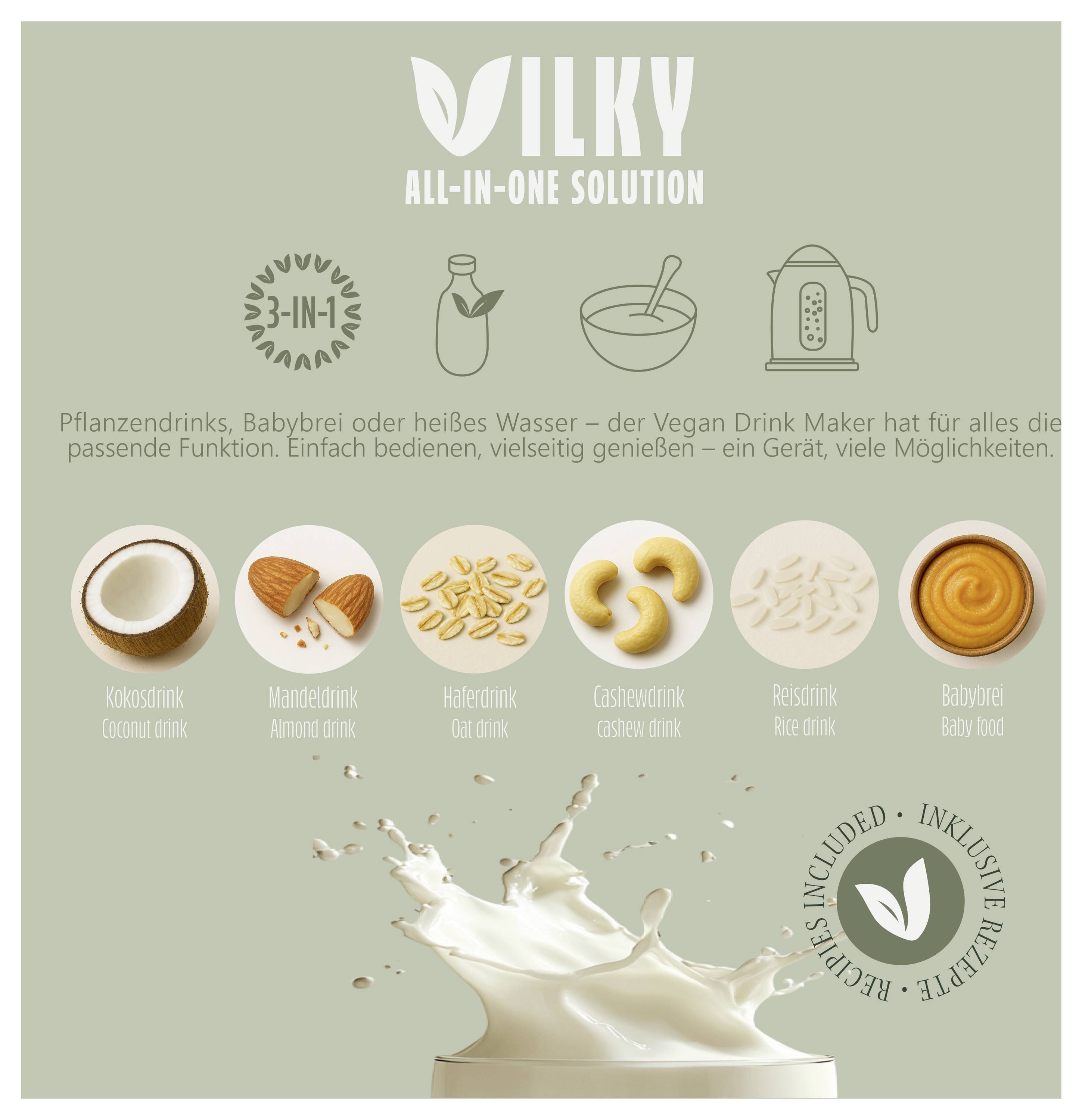 'VILKY Komplexné riešenie All-in-One' s ikonami kokosového nápoja, mandľového nápoja, ryžového nápoja, kešu nápoja; domácim prístrojom; a miešacou misou. Striekajúce mlieko v spodnej časti.
