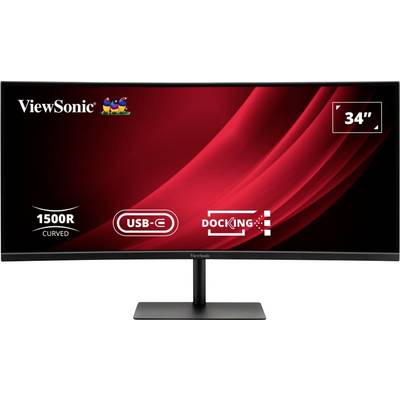 ViewSonic 34" zakrivený monitor s USB-C konektivitou a možnosťami dokovacej stanice, zobrazujúci červené abstraktné pozadie.