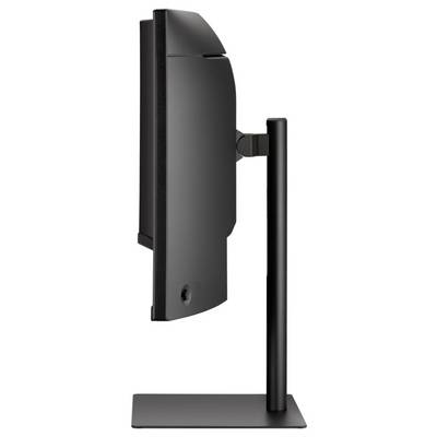 Bočný pohľad elegantného čierneho počítačového monitora s vertikálnym stojanom, ktorý ukazuje jeho štíhly profil a nastaviteľný dizajn.