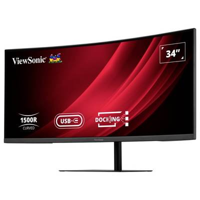 34-palcový zakrivený monitor ViewSonic s 1500R zakrivením, pripojením USB-C a funkciami dokovacieho staníka, zobrazený s červeným abstraktným pozadím.
