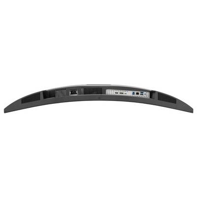 Zadný pohľad na zakrivený počítačový monitor zobrazujúci rôzne porty vrátane HDMI, USB a Ethernetu, pričom zdôrazňuje možnosti pripojenia.