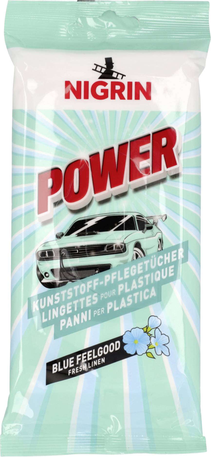 Balenie Nigrin Power 'Kunststoff-Pflegetücher' na čistenie plastových automobilových plôch, označené ako 'Blue Feelgood Fresh Linen' s obrázkom automobilu.